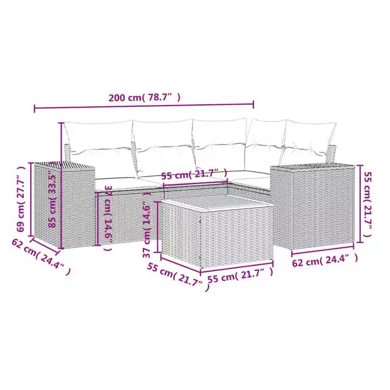 vidaXL Salon de jardin avec coussins, mobilier d'extérieur 5 pièces en poly rotin