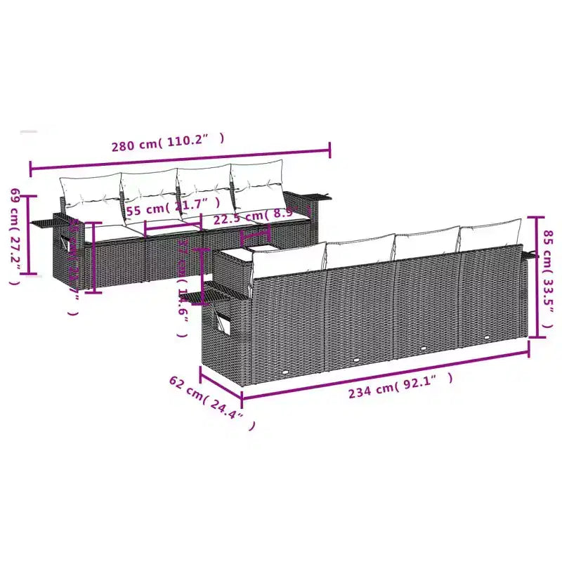 vidaXL Salon de jardin 9 pcs avec coussins résine tressée