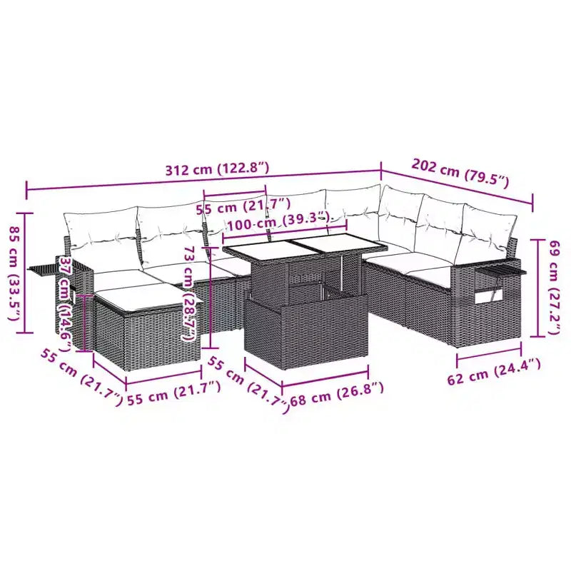 vidaXL Salon de jardin 9 pcs avec coussins résine tressée