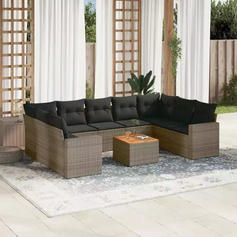 vidaXL Ensemble de canapés de jardin 10 pièces avec coussins gris résine tressée - Gris 5x module central + Table + 2x module d'angle
