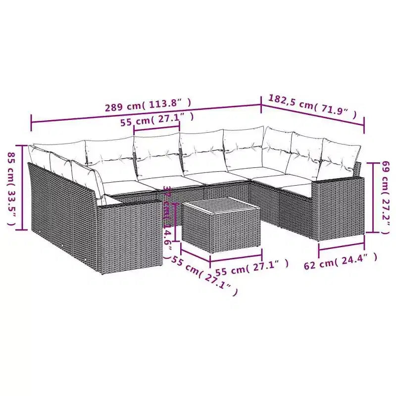 vidaXL Ensemble de canapés de jardin 10 pièces avec coussins gris résine tressée - Gris 5x module central + Table + 2x module d'angle