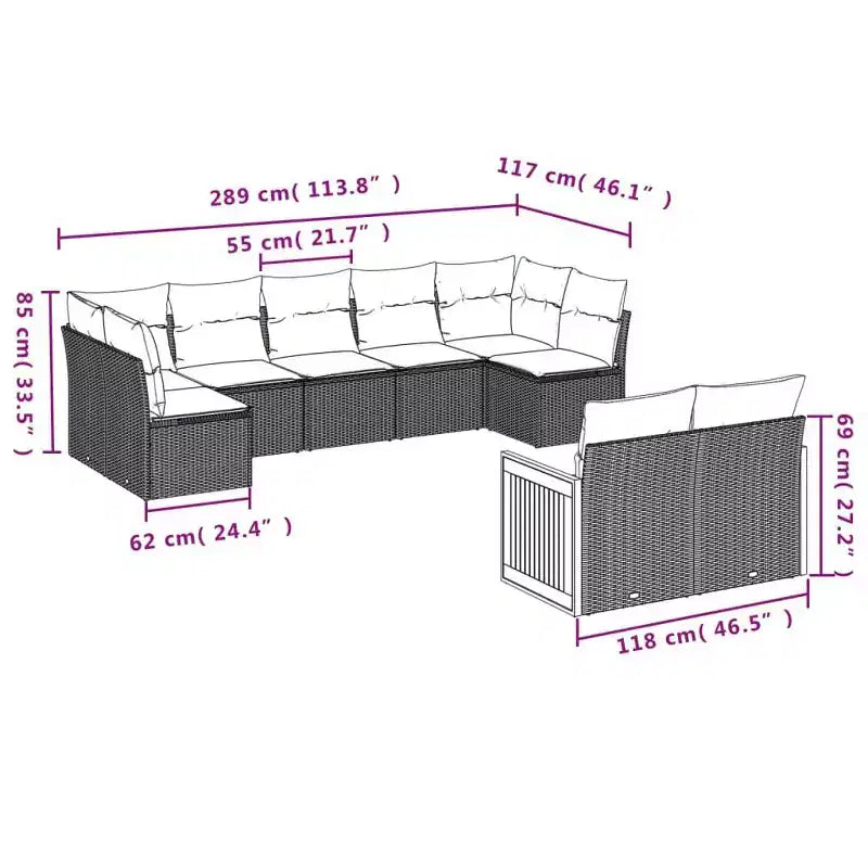 vidaXL Salon de jardin 9 pcs avec coussins résine tressée beige
