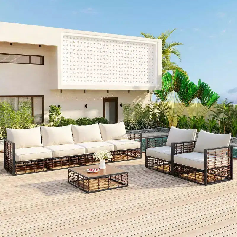 MAYEERTY Modern 7 Pieces Metal Patio Sectional Sofa Set with Thick Cushion and Coffee Table for Indoor Outdoor Black