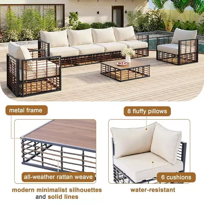MAYEERTY Salon de jardin modulable moderne 7 pièces en métal avec coussins épais et table basse pour l'intérieur et l'extérieur, noir