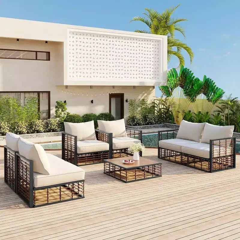 MAYEERTY Salon de jardin modulable moderne 7 pièces en métal avec coussins épais et table basse pour l'intérieur et l'extérieur, noir