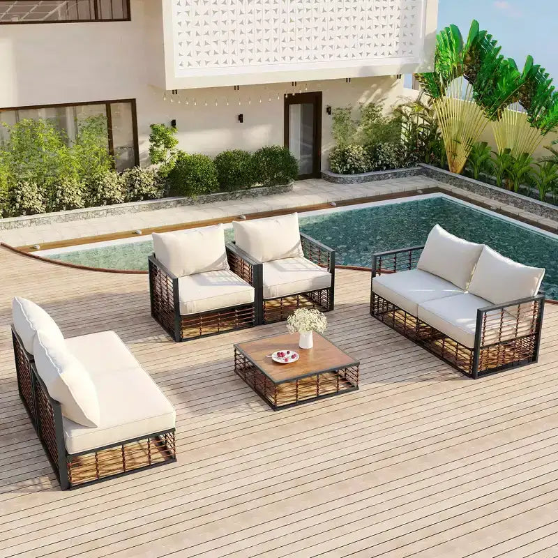 MAYEERTY Salon de jardin modulable moderne 7 pièces en métal avec coussins épais et table basse pour l'intérieur et l'extérieur, noir