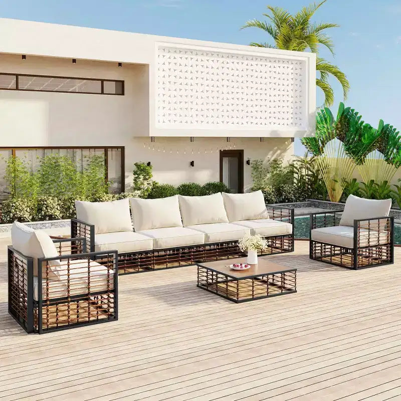 MAYEERTY Salon de jardin modulable moderne 7 pièces en métal avec coussins épais et table basse pour l'intérieur et l'extérieur, noir