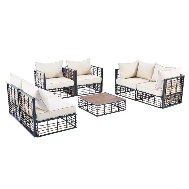 MAYEERTY Salon de jardin modulable moderne 7 pièces en métal avec coussins épais et table basse pour l'intérieur et l'extérieur, noir