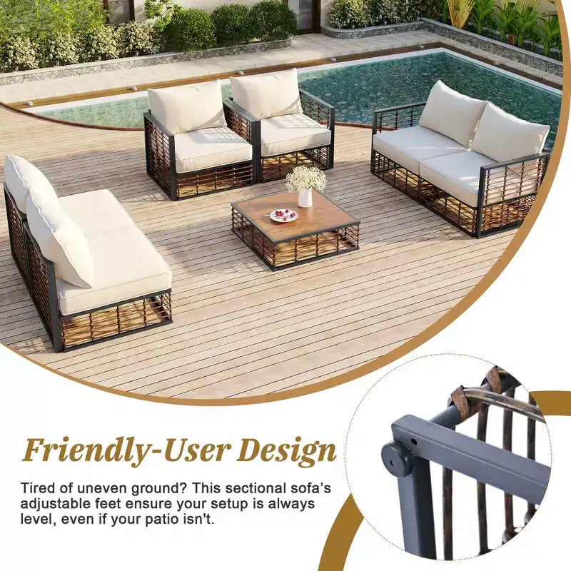 MAYEERTY Salon de jardin modulable moderne 7 pièces en métal avec coussins épais et table basse pour l'intérieur et l'extérieur, noir
