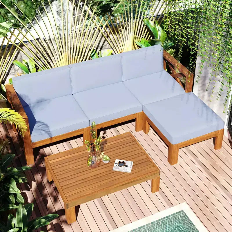 MAYEERTY Patio extérieur en bois 5 pièces canapé sectionnel avec coussins finition naturelle et coussins gris