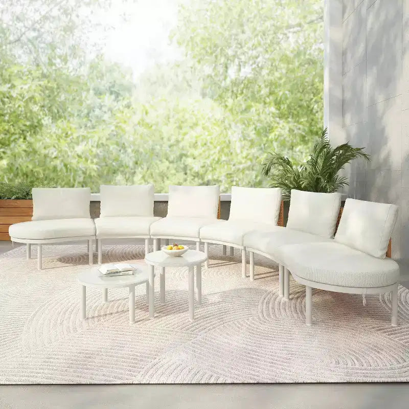 MAYEERTY 8 Pieces Patio Sofa Furniture Set, Half Moon Outdoor Sectional Sofa with 2 High-Low Coffee Tables 6 Pillows & Cushions Beige
