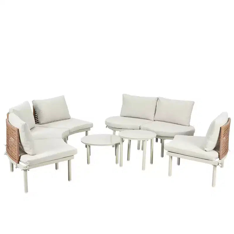 MAYEERTY Ensemble de mobilier de canapé de patio 8 pièces, canapé sectionnel d'extérieur demi-lune avec 2 tables basses hautes et basses, 6 oreillers et coussins beiges