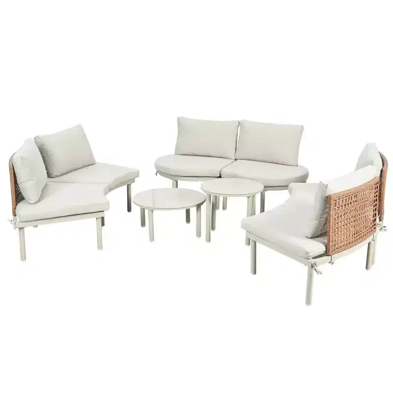 MAYEERTY Ensemble de mobilier de canapé de patio 8 pièces, canapé sectionnel d'extérieur demi-lune avec 2 tables basses hautes et basses, 6 oreillers et coussins beiges