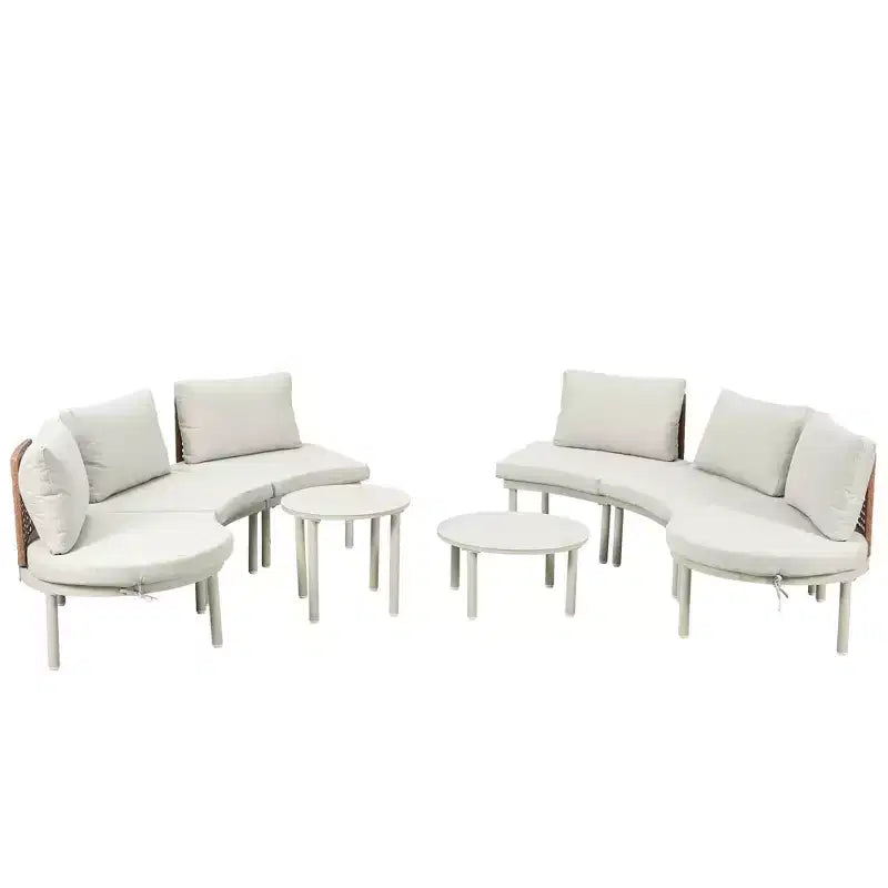 MAYEERTY Ensemble de mobilier de canapé de patio 8 pièces, canapé sectionnel d'extérieur demi-lune avec 2 tables basses hautes et basses, 6 oreillers et coussins beiges
