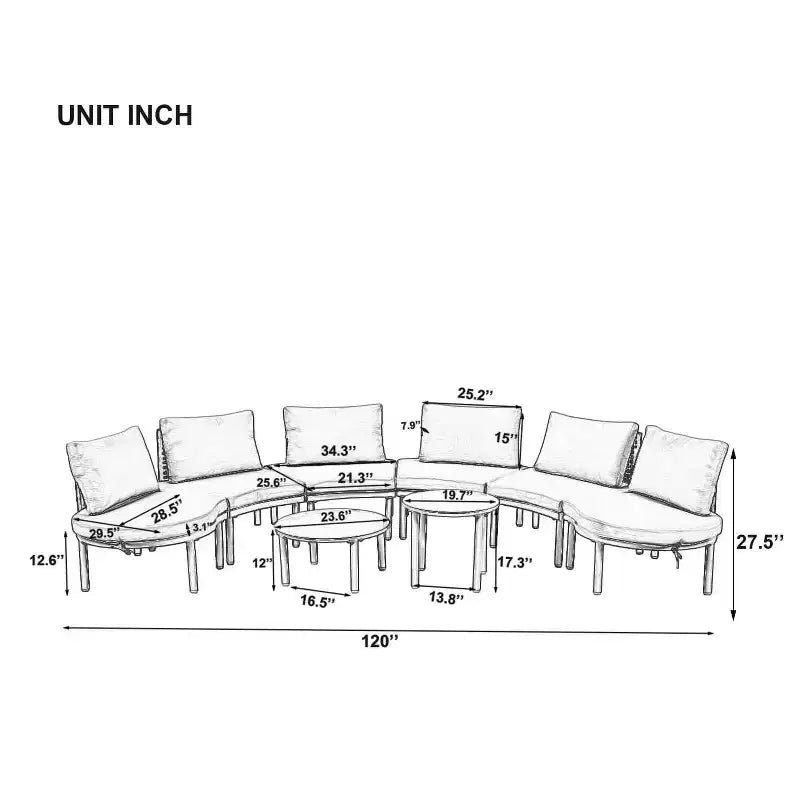 MAYEERTY Ensemble de mobilier de canapé de patio 8 pièces, canapé sectionnel d'extérieur demi-lune avec 2 tables basses hautes et basses, 6 oreillers et coussins beiges