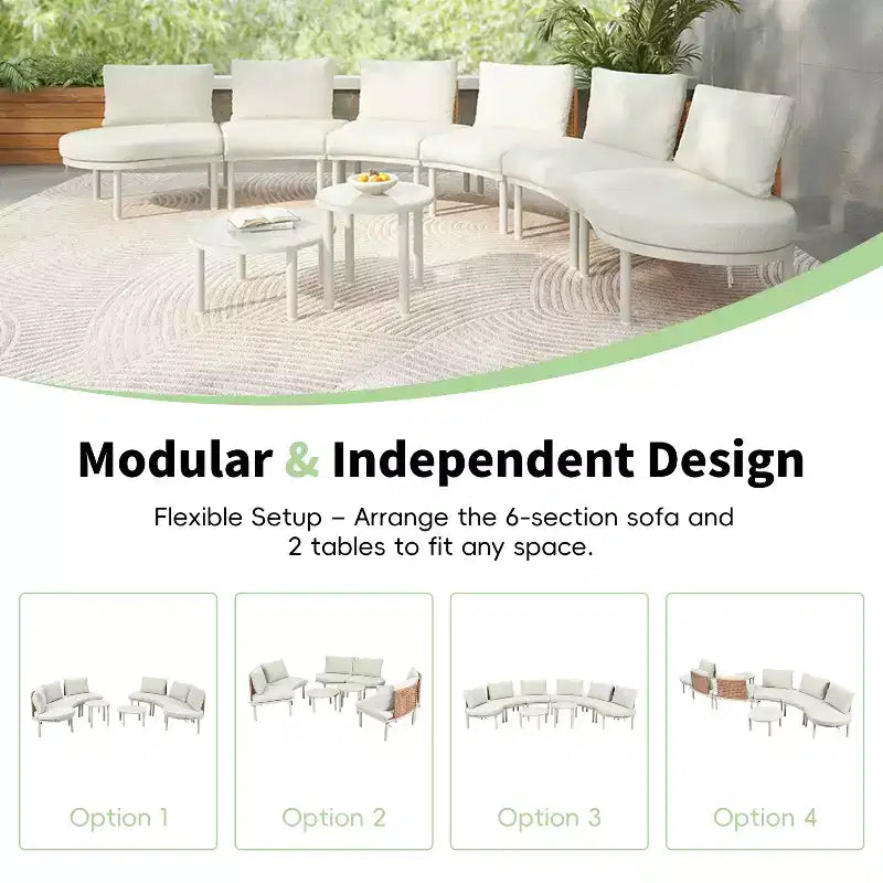 MAYEERTY Ensemble de mobilier de canapé de patio 8 pièces, canapé sectionnel d'extérieur demi-lune avec 2 tables basses hautes et basses, 6 oreillers et coussins beiges