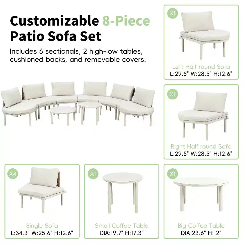 MAYEERTY Ensemble de mobilier de canapé de patio 8 pièces, canapé sectionnel d'extérieur demi-lune avec 2 tables basses hautes et basses, 6 oreillers et coussins beiges
