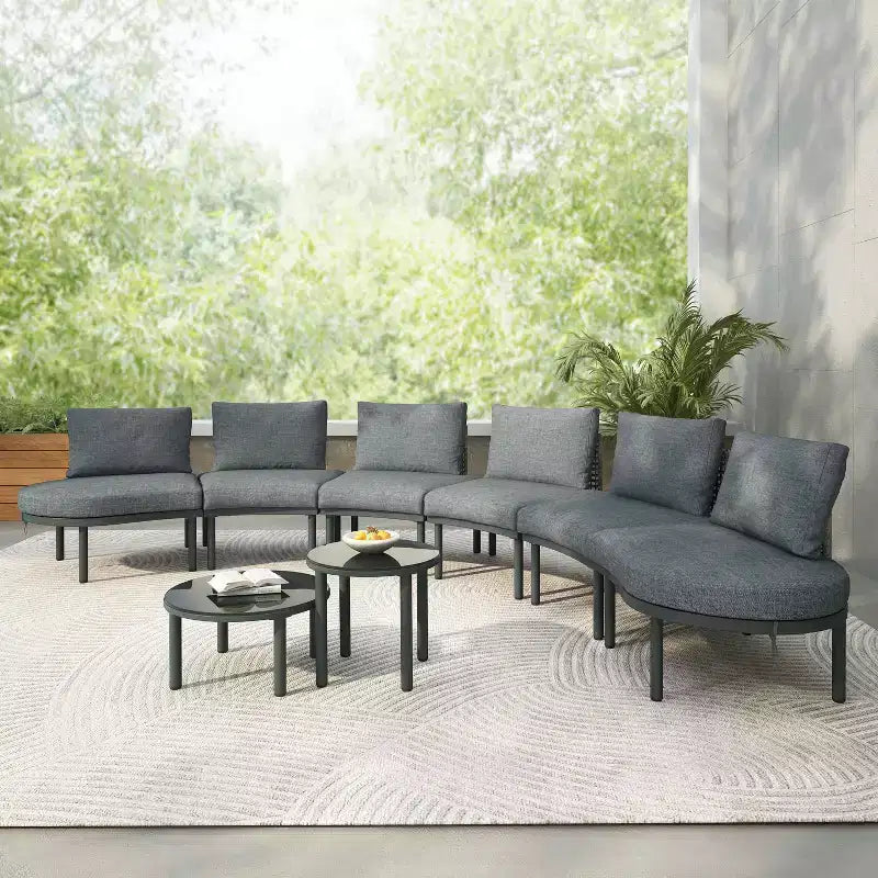 MAYEERTY 8 Pieces Patio Sofa Furniture Set, Half Moon Outdoor Sectional Sofa with 2 High-Low Coffee Tables 6 Pillows & Cushions Gray