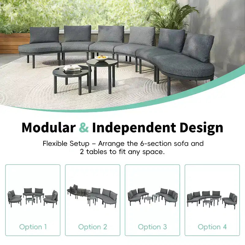 MAYEERTY Ensemble de mobilier de canapé de patio 8 pièces, canapé sectionnel d'extérieur demi-lune avec 2 tables basses hautes et basses, 6 oreillers et coussins gris