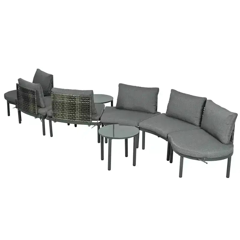 MAYEERTY Ensemble de mobilier de canapé de patio 8 pièces, canapé sectionnel d'extérieur demi-lune avec 2 tables basses hautes et basses, 6 oreillers et coussins gris