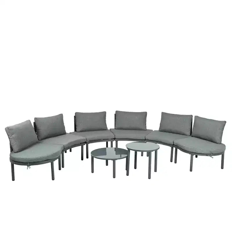 MAYEERTY Ensemble de mobilier de canapé de patio 8 pièces, canapé sectionnel d'extérieur demi-lune avec 2 tables basses hautes et basses, 6 oreillers et coussins gris