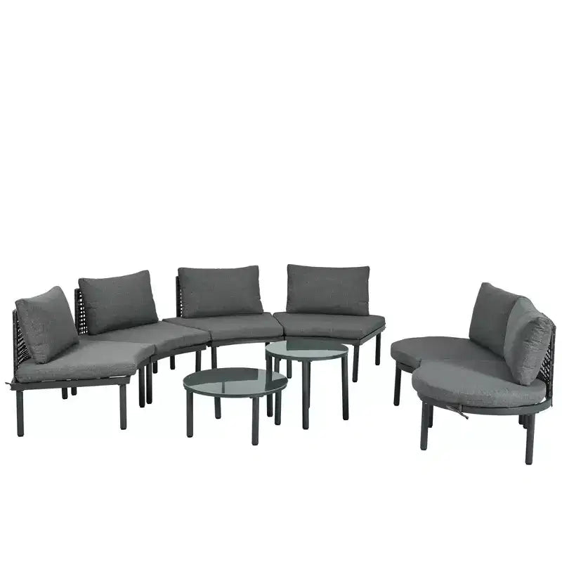 MAYEERTY Ensemble de mobilier de canapé de patio 8 pièces, canapé sectionnel d'extérieur demi-lune avec 2 tables basses hautes et basses, 6 oreillers et coussins gris