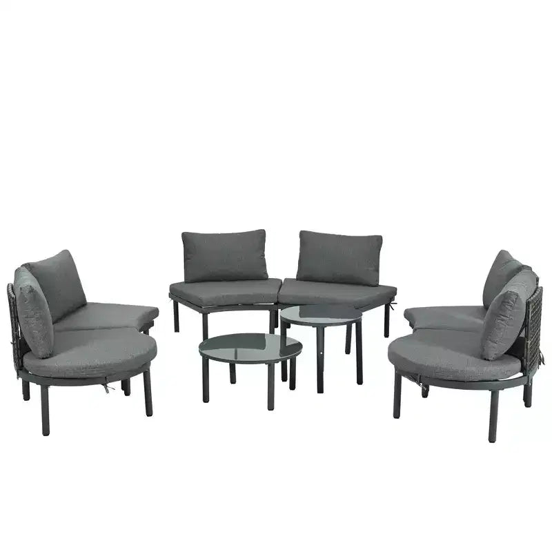 MAYEERTY Ensemble de mobilier de canapé de patio 8 pièces, canapé sectionnel d'extérieur demi-lune avec 2 tables basses hautes et basses, 6 oreillers et coussins gris