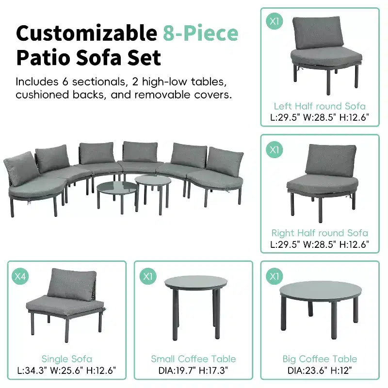 MAYEERTY Ensemble de mobilier de canapé de patio 8 pièces, canapé sectionnel d'extérieur demi-lune avec 2 tables basses hautes et basses, 6 oreillers et coussins gris