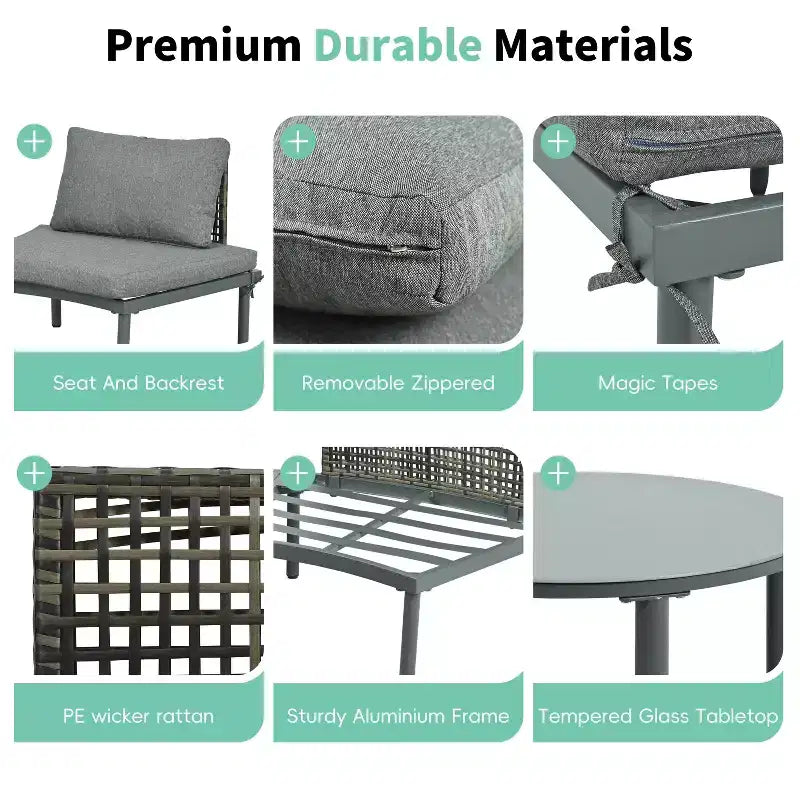 MAYEERTY Ensemble de mobilier de canapé de patio 8 pièces, canapé sectionnel d'extérieur demi-lune avec 2 tables basses hautes et basses, 6 oreillers et coussins gris