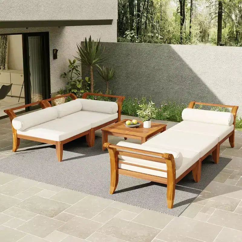 MAYEERTY Ensemble de canapé de patio 6 pièces en bois d'acacia modulaire sectionnel mobilier de jardin avec lit de repos table basse ottoman 5 coussins et oreillers teck et beige