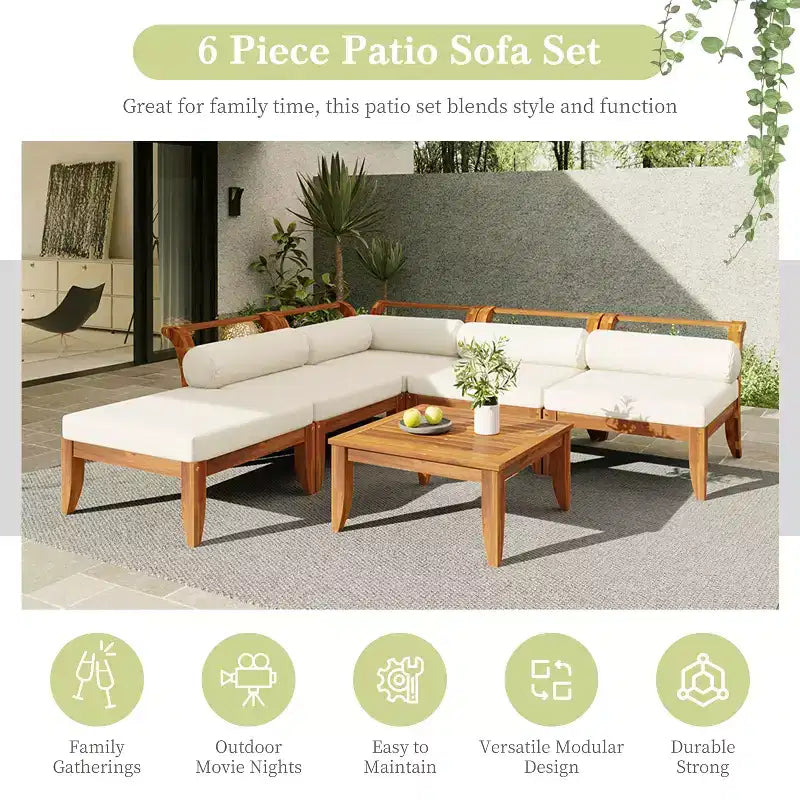 MAYEERTY Ensemble de canapé de patio 6 pièces en bois d'acacia modulaire sectionnel mobilier de jardin avec lit de repos table basse ottoman 5 coussins et oreillers teck et beige