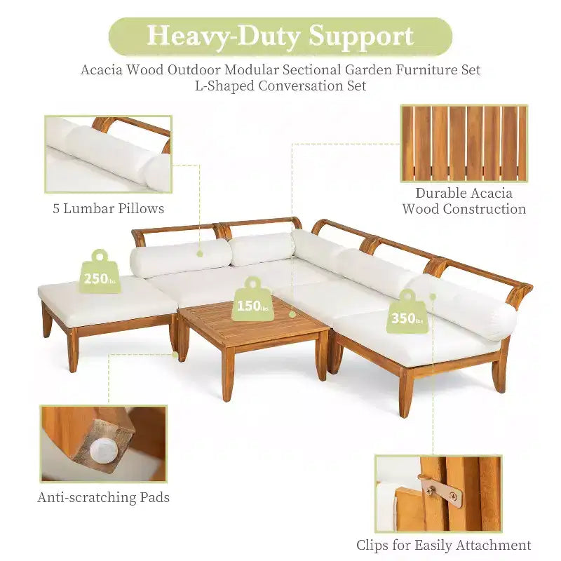 MAYEERTY Ensemble de canapé de patio 6 pièces en bois d'acacia modulaire sectionnel mobilier de jardin avec lit de repos table basse ottoman 5 coussins et oreillers teck et beige