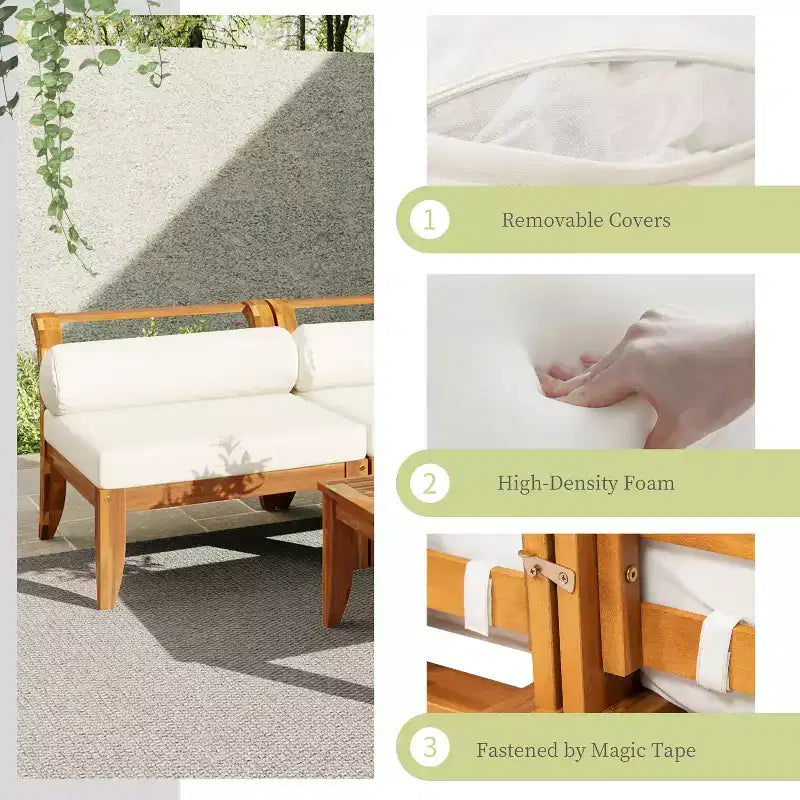 MAYEERTY Ensemble de canapé de patio 6 pièces en bois d'acacia modulaire sectionnel mobilier de jardin avec lit de repos table basse ottoman 5 coussins et oreillers teck et beige