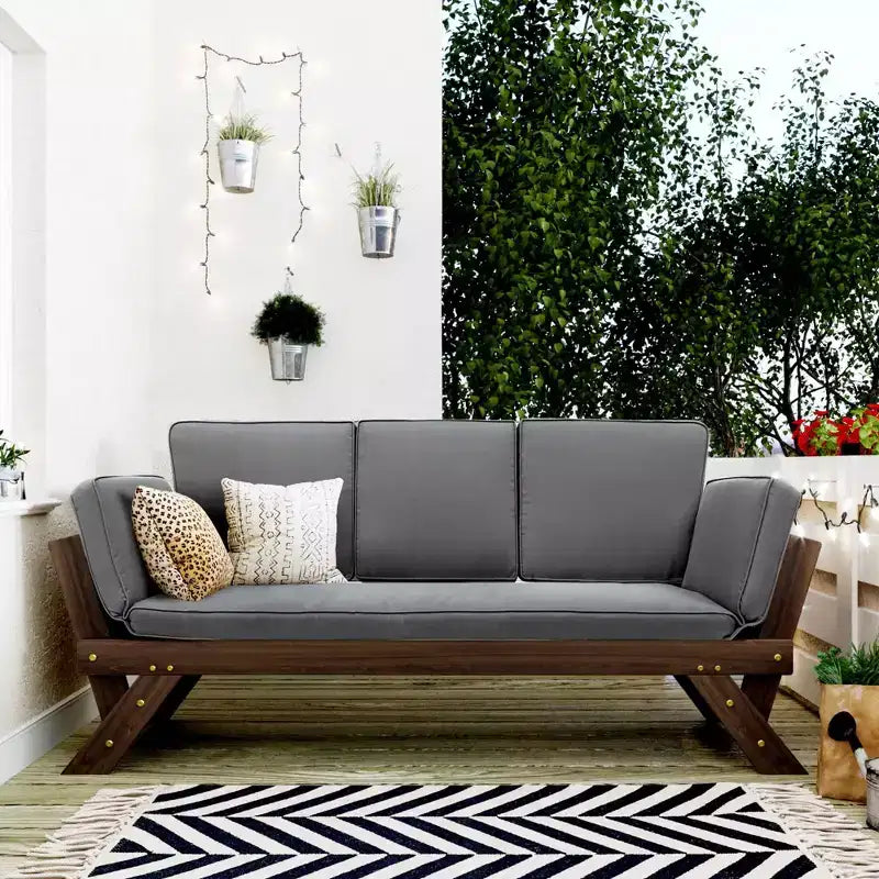 MAYEERTY Outdoor Adjustable Patio Wooden Daybed Sofa Chaise Lounge with Cushions for Small Places