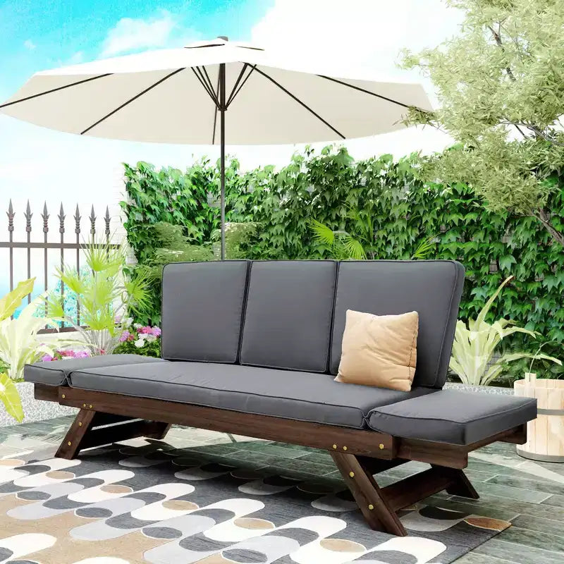 MAYEERTY Lit de Repos Extérieur Réglable en Bois pour Patio, Canapé Chaise Longue avec Coussins pour Petits Espaces