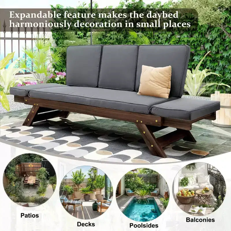 MAYEERTY Lit de Repos Extérieur Réglable en Bois pour Patio, Canapé Chaise Longue avec Coussins pour Petits Espaces