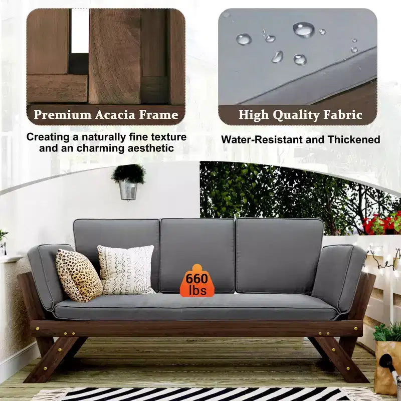 MAYEERTY Lit de Repos Extérieur Réglable en Bois pour Patio, Canapé Chaise Longue avec Coussins pour Petits Espaces