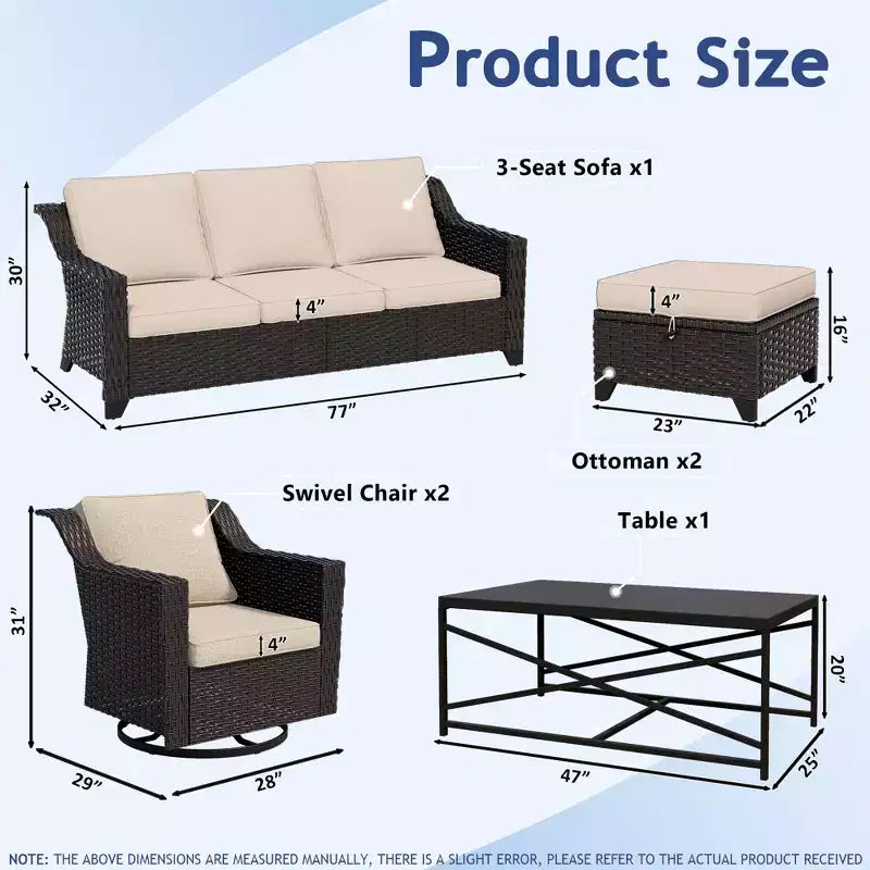 Ensemble de patio extérieur 6 pièces UPTIOT : 2 fauteuils pivotants, un canapé 3 places, une table basse et 2 poufs