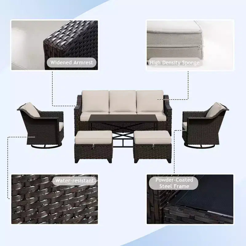 Ensemble de patio extérieur 6 pièces UPTIOT : 2 fauteuils pivotants, un canapé 3 places, une table basse et 2 poufs