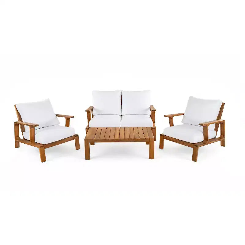 Ensemble de canapés de patio Bestier en bois d'acacia pour 4 personnes avec coussins et table basse, mobilier de patio moderne
