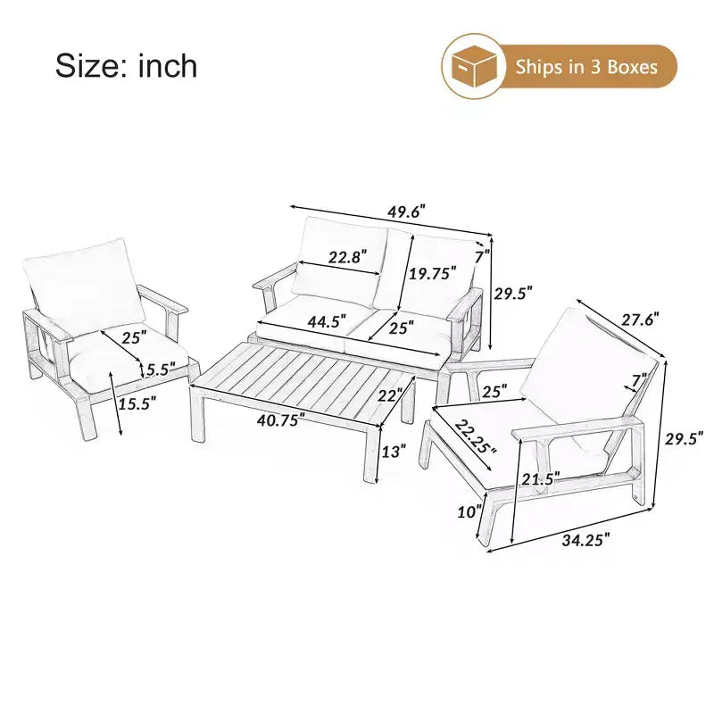Ensemble de canapés de patio Bestier en bois d'acacia pour 4 personnes avec coussins et table basse, mobilier de patio moderne