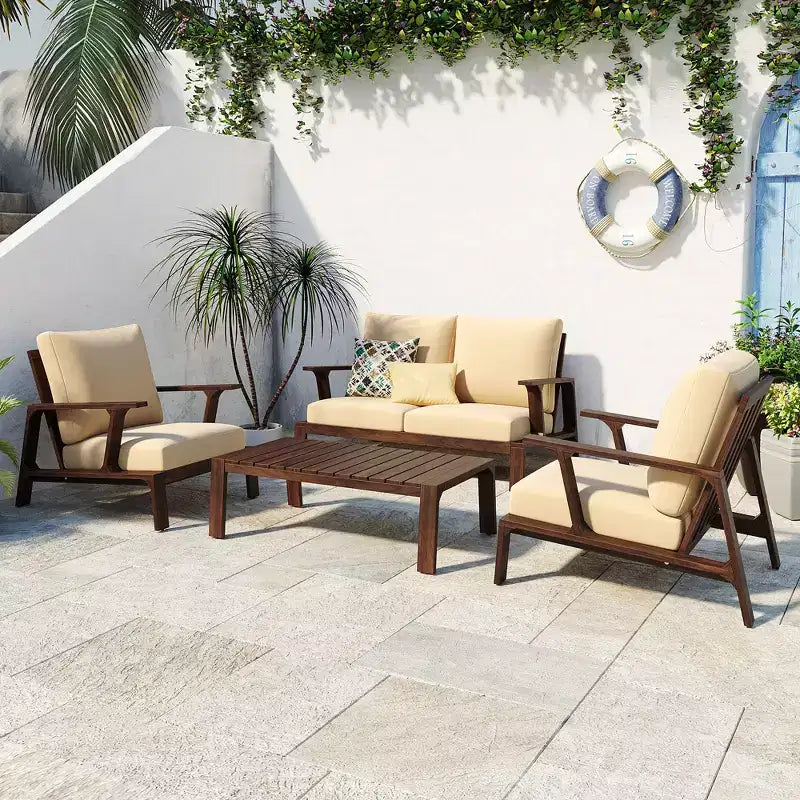 Ensemble de canapés de patio Bestier en bois d'acacia pour 4 personnes avec coussins et table basse, mobilier de patio moderne