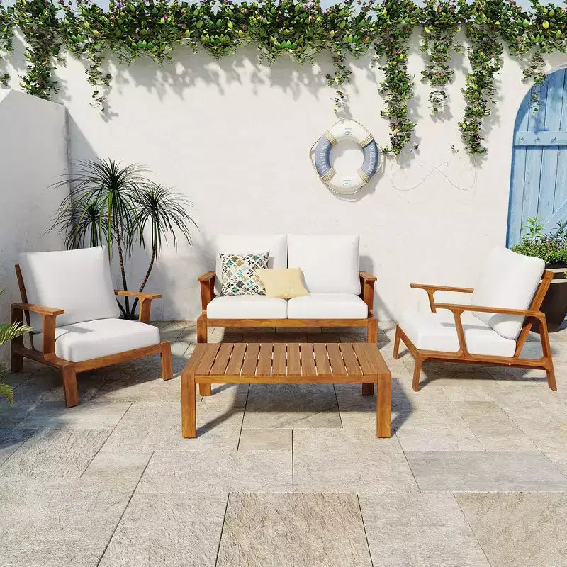 Ensemble de canapés de patio Bestier en bois d'acacia pour 4 personnes avec coussins et table basse, mobilier de patio moderne