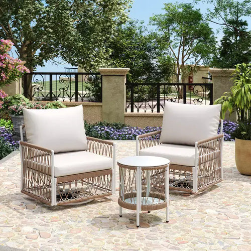 Ensemble de conversation d'extérieur 3 pièces pour 2 personnes, mobilier de jardin avec 2 chaises longues, table d'appoint en verre, coussin imperméable - ModernLuxe