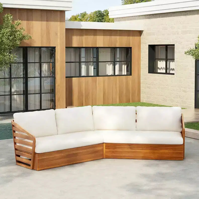 Whisen Outdoor Acacia Wood Patio Sofa Setctional Set with Plush Seats and Back Cushions - Beige