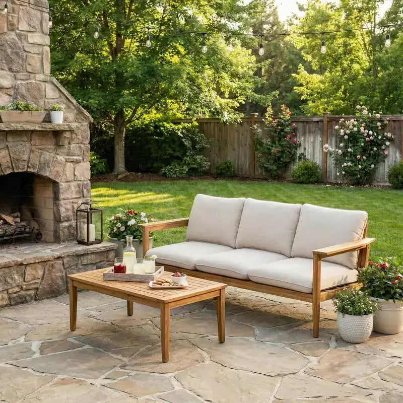 ModernLuxe Outdoor Acacia Wood Sectional Sofa, Light Teak Finish with Beige Cushion