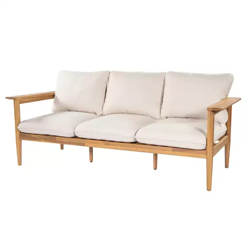 Canapé d'angle d'extérieur ModernLuxe en bois d'acacia, finition teck clair avec coussin beige