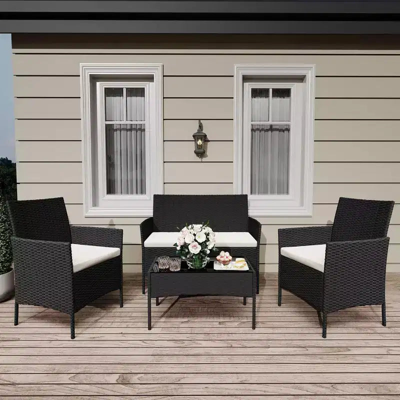 Ensemble de meubles de patio en rotin 4 pièces - Canapé d'extérieur, 2 chaises et table basse avec coussins pour jardin, cour ou véranda
