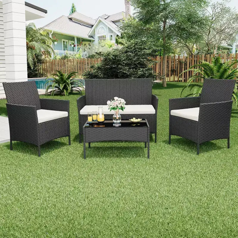 Ensemble de meubles de patio en rotin 4 pièces - Canapé d'extérieur, 2 chaises et table basse avec coussins pour jardin, cour ou véranda