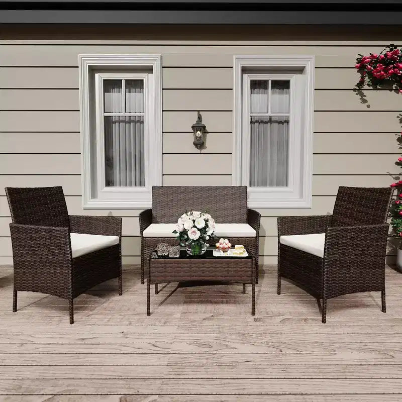 Ensemble de meubles de patio en rotin 4 pièces - Canapé d'extérieur, 2 chaises et table basse avec coussins pour jardin, cour ou véranda